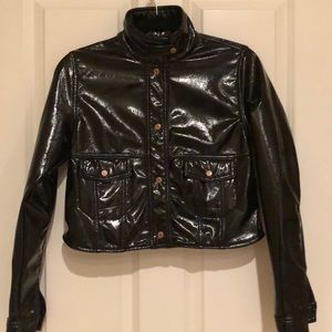 Vegan patent leather moto coat